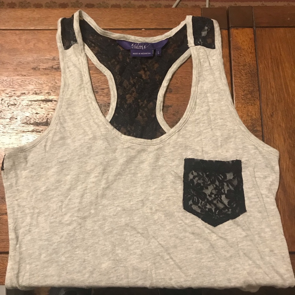 Gray and Black Lace Accent Racerback Tank Top